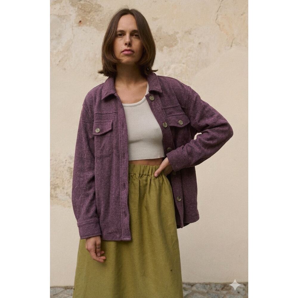32 Degrees Heat Button Up Shirt Jacket Womens L Purple Cozy Shacket Soft Neutral